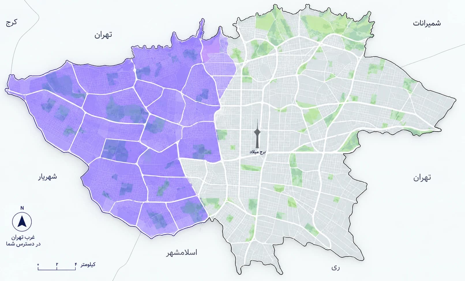 نقشه مناطق تحت پوشش کارشناسی خودرو در غرب تهران
